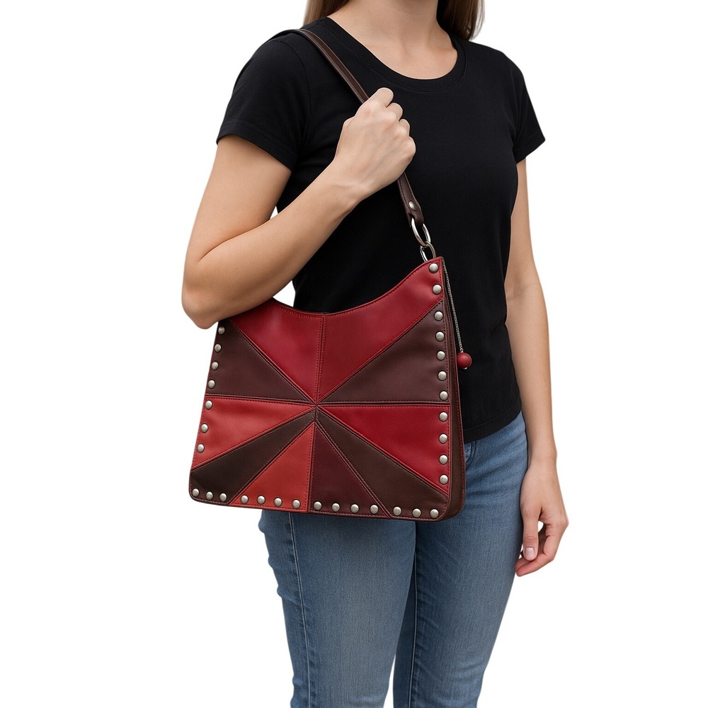 Patchwork Y2K Shoulder Bag Red Burgundy Brown Studded Magnetic Snap